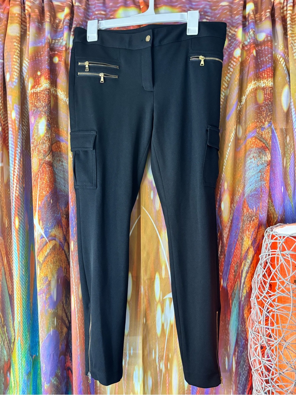 Express Black Cargo Ponte Pants with Gold Zipper Accents